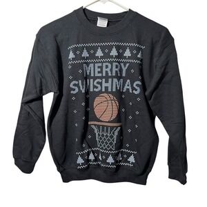 Merry‎ Swishmas Basketball Ugly Christmas Sweater Youth M Black Holiday Crewneck